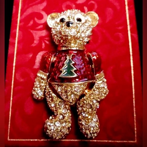 CHRISTMAS PIN BROOCH TEDDY BEAR HAPPY HOLIDAYS Red Green Enamel Crystals Gold 🧸 - Picture 11 of 11